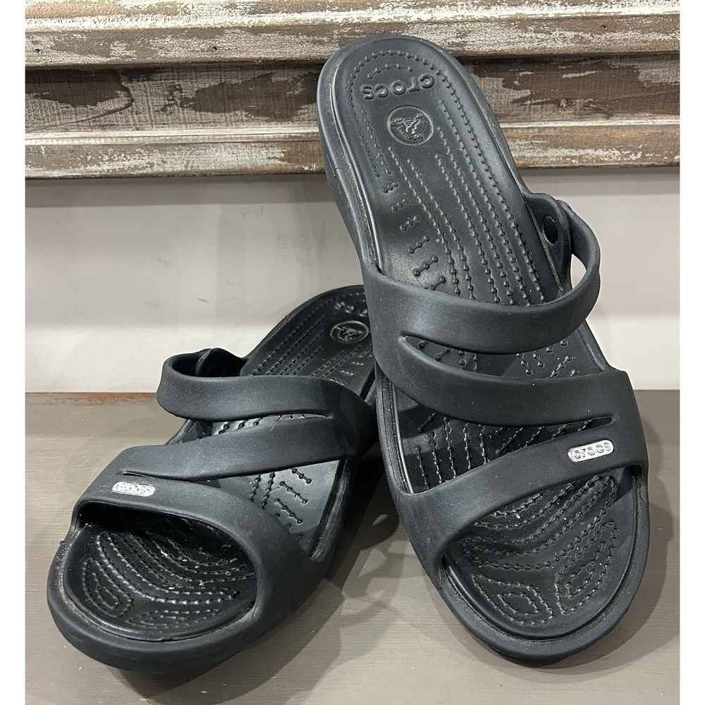 Crocs Patricia II Womens Sandals Black Wedge Strappy Slip On Shoes Comfort Sz 11